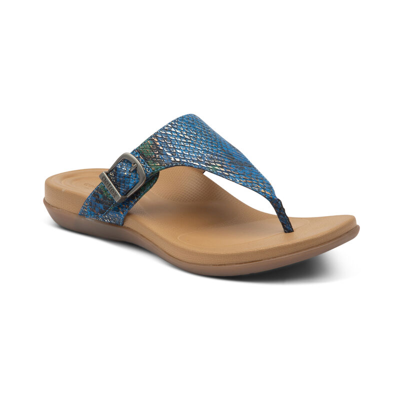 Aetrex Womens Rita Adjustable Thong Flip Flops Blue Snake - AOKD7Em3Z